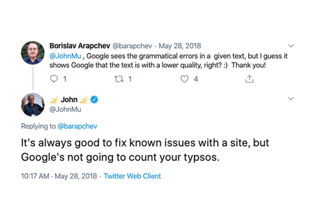 Tweet from John Mueller. Grammar checker helps but Google's not going to count your typos.